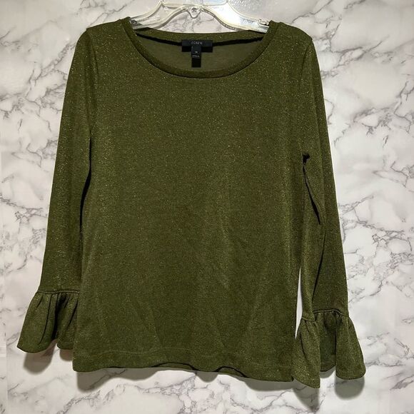 J Crew Sparkle Bell Sleeve Blouse Top Size XS Green - Picture 1 of 5